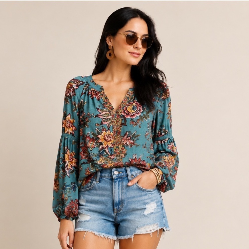 Farm Rio for Anthropologie Teal Floral Bishop Sleeve V-Neck Blouse Size S